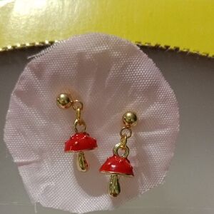 NEW Gold Color and Red Mushroom Earrings